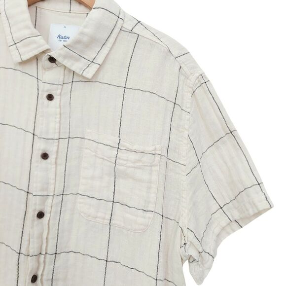 Katin Shirt Mens XL Beige Checks Short Sleeve Linen Blend Gauze Beach Coastal - Picture 3 of 11